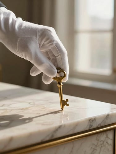 Extreme close-up of a hand in a soft white glove placing a heavy, elegant brass key onto a polished marble console table, warm morning light streaming through a tall window, soft shadow, ultra-premium editorial photography.