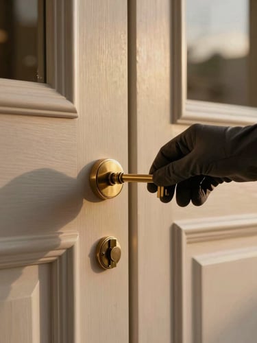 Close-up editorial architectural shot of premium materials, a hand in a soft dark glove turning a solid brass key in a heavy wooden villa door, warm golden hour lighting, cinematic