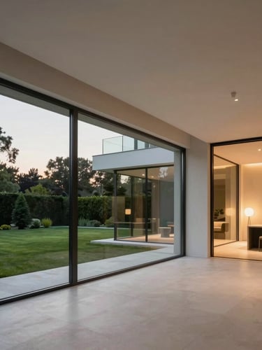 Wide shot of a minimalist luxury villa interior in Buda, large glass surfaces showing a manicured green garden, soft twilight lighting, warm interior lamps glow, high-end architecture.