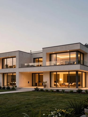 Wide panoramic shot of a modern luxury villa in the Buda hills at twilight, warm ambient lights glowing from large glass windows, manicured garden in the foreground, clean architectural lines, high-end editorial style