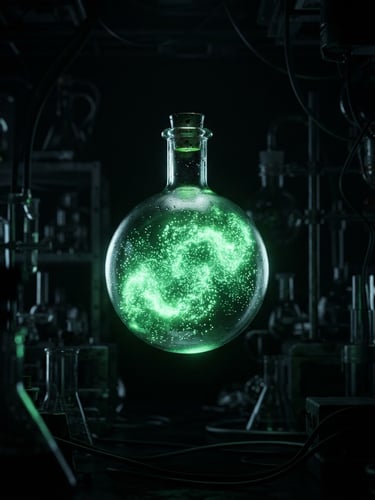 Macro 3D render of a glowing glass chemistry flask filled with neon green bioluminescent energy particles, floating in a dark laboratory, dramatic low-key lighting, deep charcoal shadows