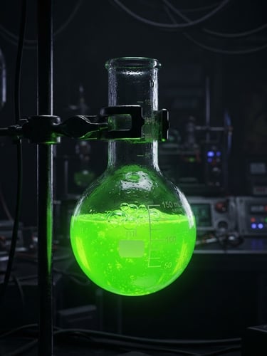 Macro close-up of a glowing glass chemistry flask containing neon radioactive green liquid, digital UI elements overlaid, dark futuristic laboratory environment, dramatic low-key lighting