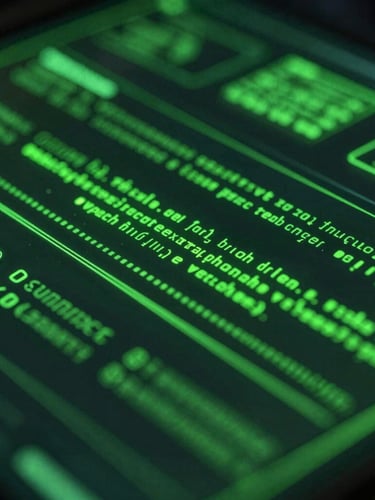 Macro close-up of a dark glassmorphic digital interface with sharp neon green glowing data lines, holographic screens, and glowing terminal code, low-key lighting, depth of field