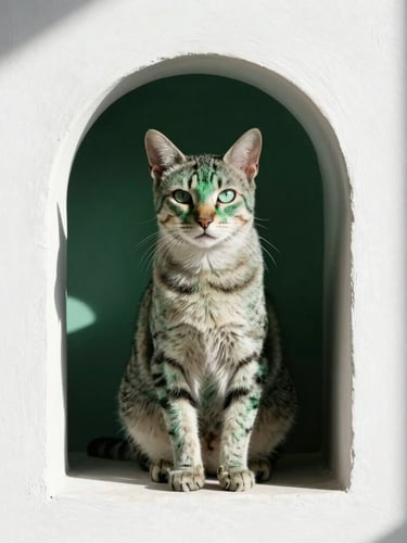 Editorial portrait of an elegant Arabian Mau cat sitting in a sunlit architectural alcove, natural morning daylight, soft shadows, 50mm lens, deep forest green accents