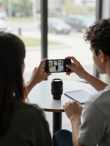 Medium shot from behind of a team member framing a product shot with their phone on a small tabletop setup, soft daylight from a large window, visible notepad with shot list on the table beside them