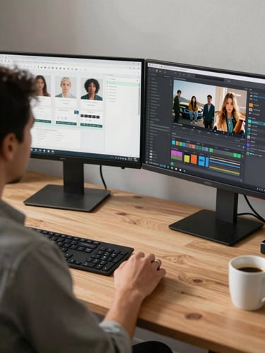 Medium shot from behind of a team member at a standing desk, two monitors showing social media scheduling software and a photo editing tool, warm daylight on the desk surface, a half-full coffee mug visible at the edge
