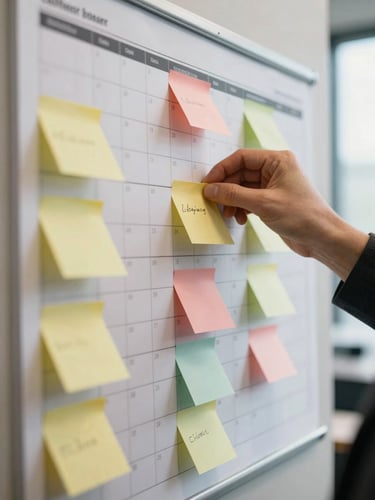 Close-up of a planning board with printed content calendar sheets, sticky notes in two colours arranged in columns, a hand mid-reach adjusting a note, soft natural side-light from an office window