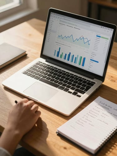 Overhead angle of an open laptop showing an analytics dashboard with line graphs, a hand resting on a notepad with handwritten notes beside it, warm golden-hour light crossing the desk surface from a nearby window