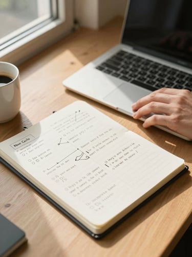 Close-up view from above of a person's hands on a laptop keyboard beside an open notepad covered in strategy notes, soft natural daylight streaming in from a window to the left, a half-empty coffee mug visible at the edge of the frame, warm parchment tones in the desk surface