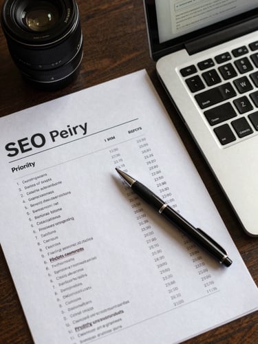 Overhead angle of a desk with a printed SEO keyword report, a pen marking priority terms, a laptop open to a search results page, natural side-light casting soft shadows across the papers