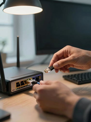 Close-up of hands connecting an ethernet cable to a small office router, a tidy desk with a monitor in the background, warm incandescent overhead light mixing with cool daylight from a nearby window