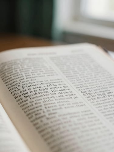 Close-up macro shot of a Spanish Bible page, elegant serif typography, soft morning light, shallow depth of field