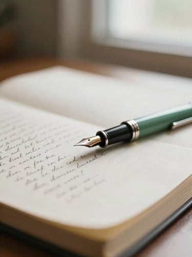 Close-up macro shot of vintage study desk, a fountain pen resting on a handwritten manuscript, soft morning light, shallow depth of field