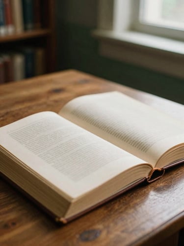 An open antique leather-bound book on a wooden desk, soft warm window light casting gentle shadows on textured paper, library background, 35mm film texture
