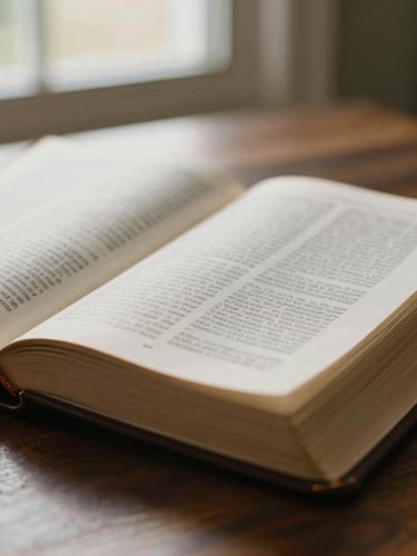 Close-up macro shot of an open leather-bound Bible on a dark wooden desk, warm window light illuminating the textured paper, shallow depth of field
