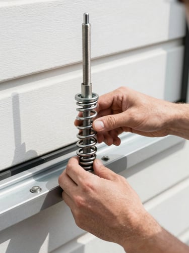 A close-up of a technician's hands calibrating a heavy steel torsion spring on a modern garage door track, bright natural daylight, crisp focus.