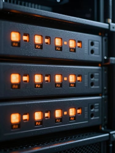 Macro high-contrast shot of a clean server rack status indicator glowing safety orange in a dark, cool-toned data center environment.