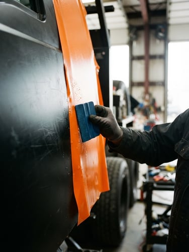 Macro close-up of a specialist squeegeeing a vivid orange vinyl wrap onto a matte black truck door, sharp workshop lighting, high-contrast, 35mm