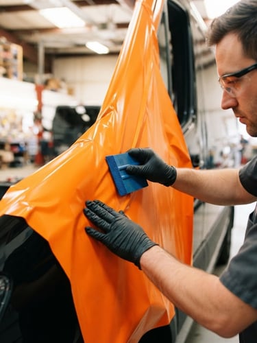 Close-up of a technician applying a vibrant orange vinyl wrap to a clean black transport vehicle, squeegee in hand, bright workshop light, sharp detail, 35mm