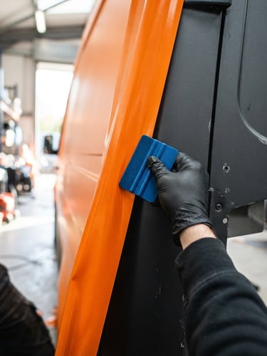 Close-up of a technician applying a high-durability vibrant orange vinyl wrap to a commercial fleet vehicle, matte charcoal background, squeegee in hand, sharp focus on vinyl edge, bright workshop light.