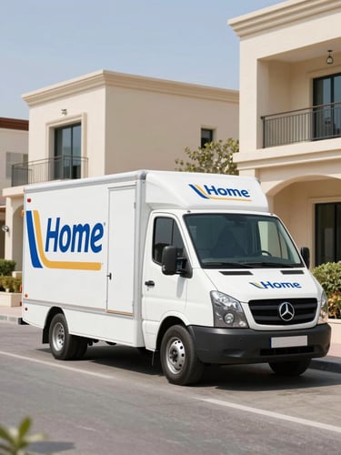 Bright commercial photography of a clean, modern, branded E Home moving truck parked in a premium Dubai villa community, crisp daylight, 35mm