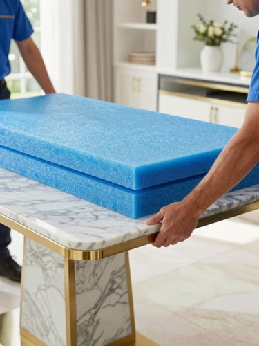 Close-up of professional uniformed movers carefully wrapping a heavy marble table in blue protective foam, bright indoor villa lighting, sharp focus