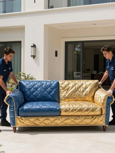 Uniformed professional movers carefully wrapping a high-end sofa in protective blue and gold quilted moving blankets inside a bright, premium Dubai villa, 35mm