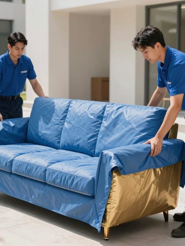 Medium shot of professional uniformed movers carefully wrapping a high-end sofa in protective blue blankets, bright midday daylight, crisp focus, 35mm