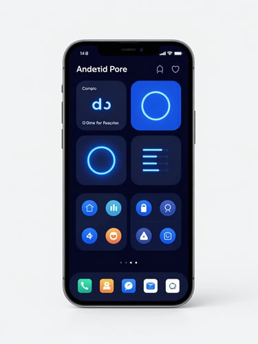 Front-facing flat-lay of a high-fidelity Android device mockup displaying a crisp dark-mode utility interface with electric blue neon accents under clean studio lighting.