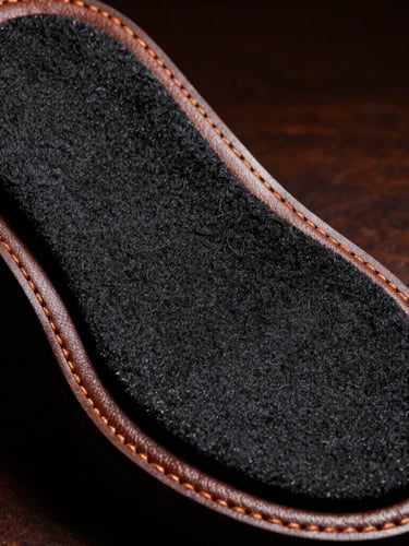 Extreme close-up, low-angle shot of a Xenthorix jutti, showcasing the double-padded memory foam insole and the rich texture of genuine handcrafted leather, dramatic studio lighting with warm highlights.