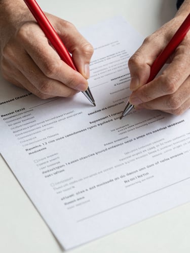 Close-up overhead shot of a pair of hands holding a red pen over a printed resume page on a white desk, marking specific lines of text, studio daylight from the left, document text and correction marks in sharp focus, purposeful editorial framing