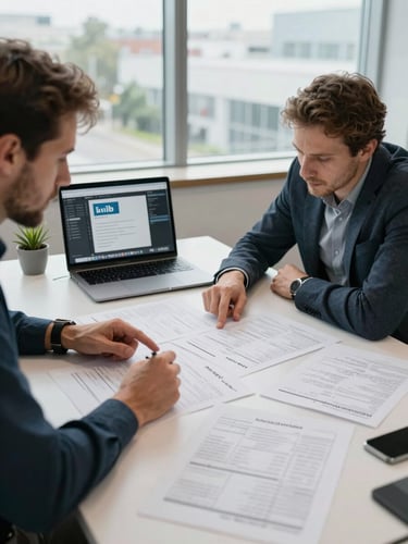 Wide environmental shot of an agency workspace, two strategists in focused review leaning over printed resume documents spread across a desk, overhead daylight through a large window, hands pointing at specific sections, documents and a laptop with LinkedIn editing interface visible in the background