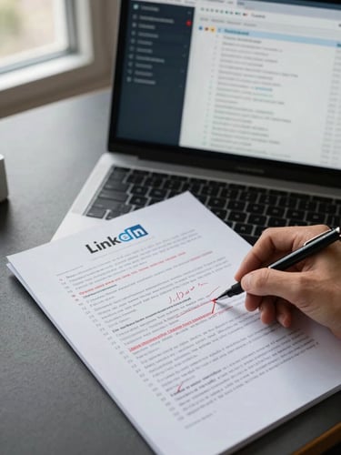 Overhead process shot of a strategist's desk with a printed LinkedIn profile marked up with handwritten annotations, a second screen showing recruiter search results in the background, clear daylight from a window to the left, focus on the annotated document text and red pen markings