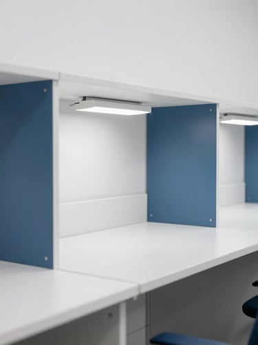 Clean architectural photography of pristine empty study desks with modern task lamps, bright neutral daylight, cool white and deep blue tones, sharp focus, 35mm lens