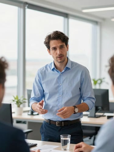 Authentic medium close-up of a French SME director discussing strategy with his team in a bright, modern regional office, natural morning light, clean corporate blue accents, 35mm photography