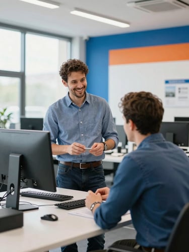 Un commercial en action, souriant, discutant de manière naturelle avec un client dans un atelier industriel moderne, lumière du jour, authentique