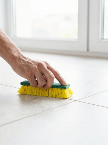 Close-up of a professional cleaner meticulously scrubbing grout lines in a tiled floor with eco-friendly tools, bright natural light