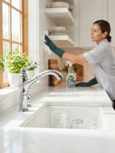 Bright, sunlit modern kitchen, sparkling chrome faucet, clean white countertops, water beading on glass, professional cleaner's gloved hand wiping a surface in the background, high-key natural daylight, crisp focus.