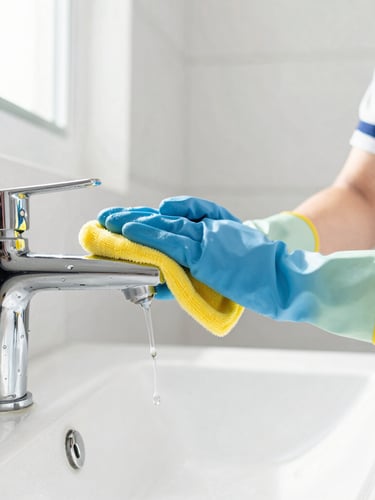 Close-up of a professional cleaner in a neat uniform, wearing gloves, carefully wiping a sparkling chrome faucet in a sunlit modern bathroom, water beads visible, high-key natural light, crisp focus