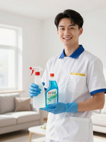 Professional cleaner in a neat uniform, smiling confidently, holding eco-friendly cleaning supplies, standing in a bright, sun-drenched modern living room, soft focus on background, portrait aspect.