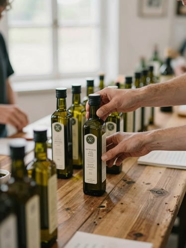Candid behind-the-scenes shot of a food market workshop, hands arranging artisanal olive oil bottles on a rustic wooden table, soft natural window light, 35mm