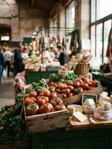 Cozy editorial photography of a bustling indoor food market, soft natural side-light illuminating wooden crates of heirloom tomatoes and artisanal cheeses, shallow depth of field, 35mm