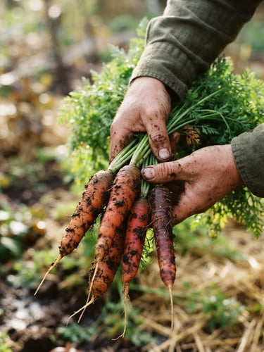 Close-up of dirty hands holding freshly harvested heirloom carrots with green tops, soft morning light, rich soil textures, shallow depth of field, 35mm photography
