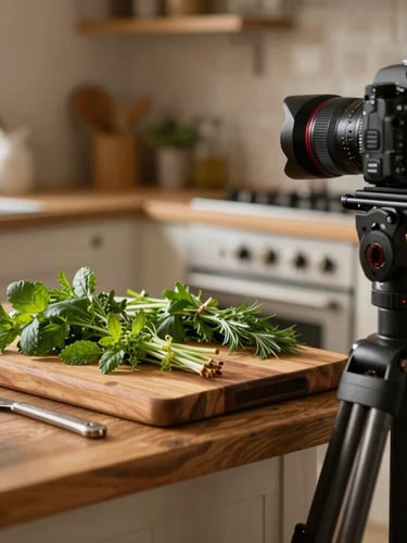 Candid behind-the-scenes shot of a professional camera setup on a tripod in a rustic kitchen, focusing on fresh herbs on a wooden cutting board, warm side-lighting, 35mm.