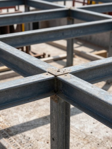 A close-up gritty shot of a structural steel frame being erected on a Belleville job site, harsh daylight casting deep shadows on the raw metal joists, 35mm lens