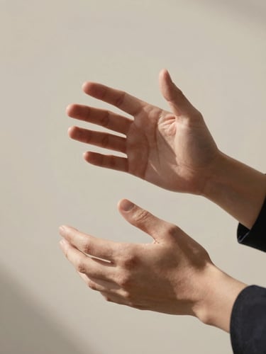 Minimalist close-up of hands gesturing naturally during a speech, soft natural daylight, sharp shadows, neutral beige background, elegant editorial style