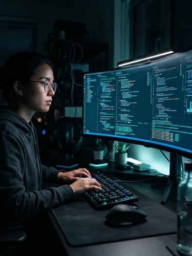 Sleek dark-mode tech photography, glowing screen reflections of an AI coding interface, neon blue and green accents, macro depth of field, an individual focused on a monitor in a dimly lit home workspace, off-center to the left, panoramic 21:9 frame.