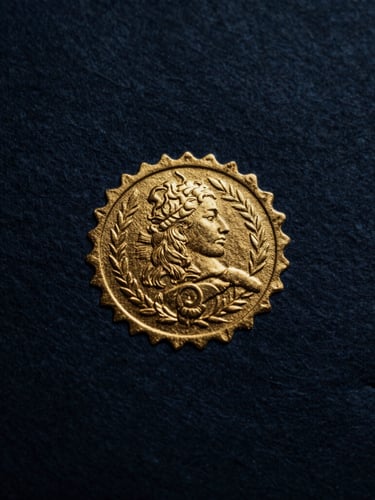 Macro shot of heavy textured cotton paper with gold embossed seal, dramatic moody side-lighting, deep navy shadows, high-contrast 35mm film style