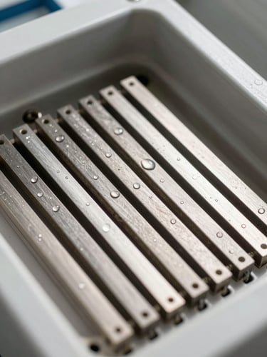 Extreme close-up of a Kangen ionization chamber interior, bright north-facing daylight, titanium electrode plates visible in precise geometric rows, water droplets on the electrode surface, clinical and sharp focus, no person, no branding overlay