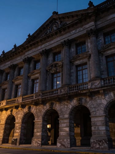 Imposing low-angle shot of the neoclassical facade of a courthouse in Estado de México at dusk, dramatic lighting, deep shadows, deep navy and slate tones, 50mm lens.
